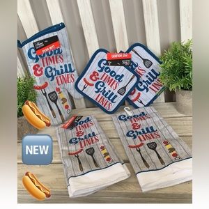 Kitchen Lenin’s ~🏡🆕🏡 Good Times ~ 2-Pot Holders, 1- Oven Mitt & 2-Dish  Towels